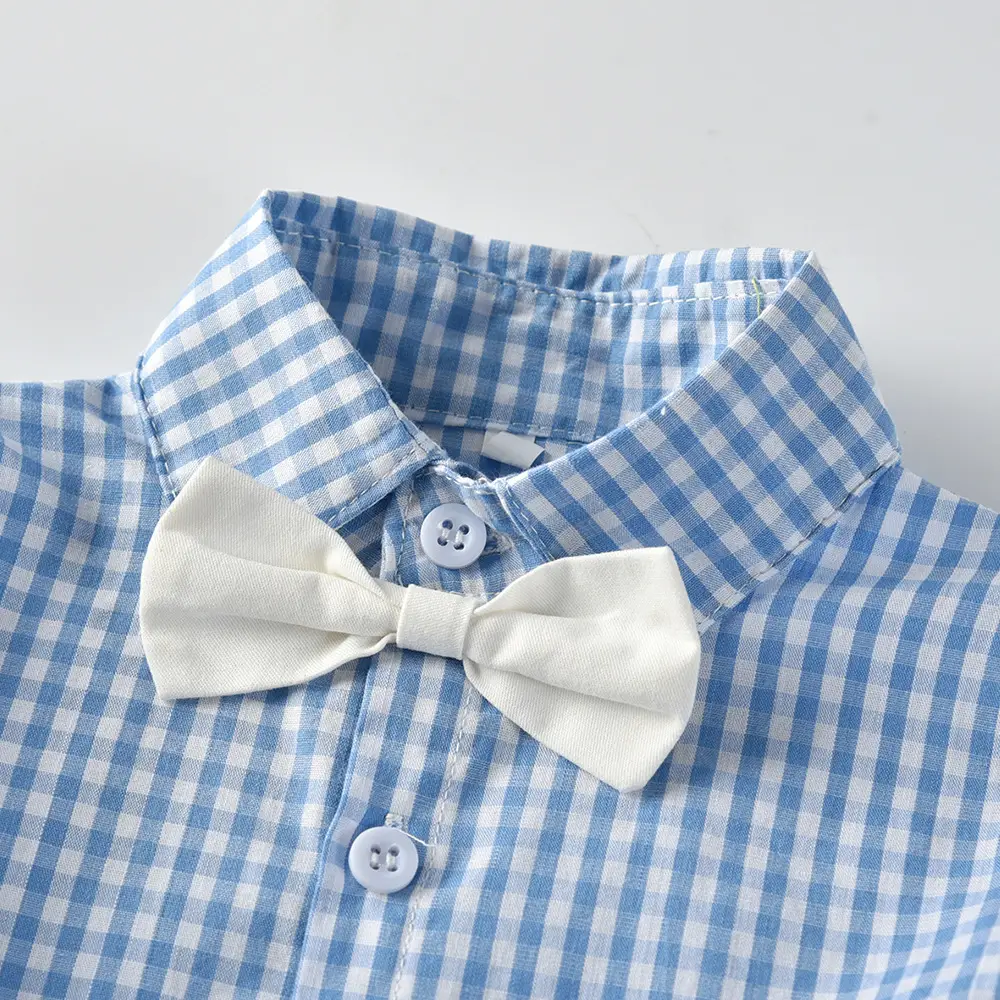 2021夏季男童套装宝宝童装棉衣服格子衬衫儿童短袖夏背带短裤生日