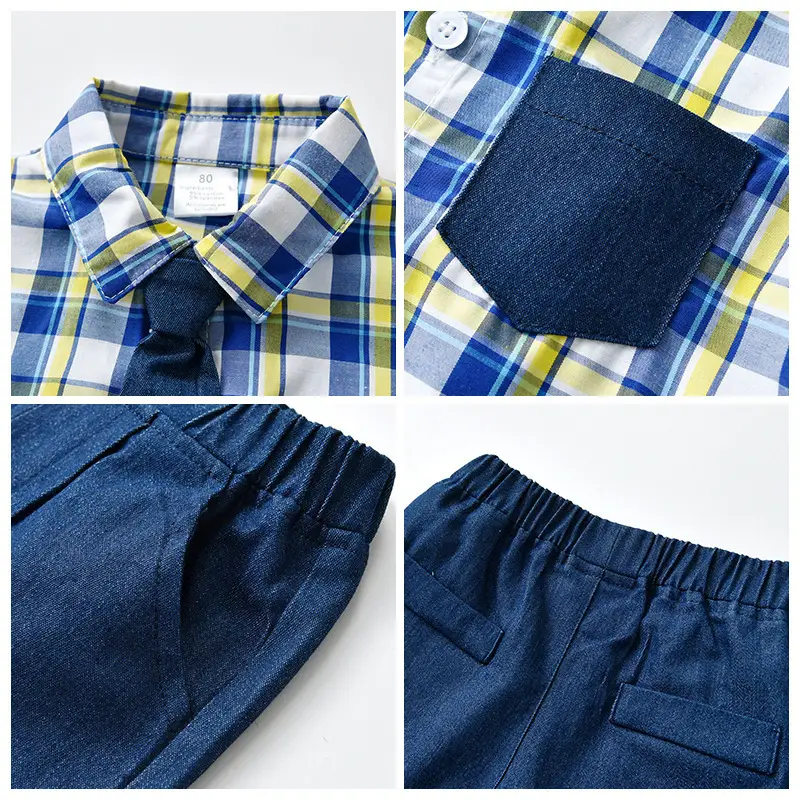 外贸童装批发英伦绅士格子三件套男童夏装宝宝夏季短袖款儿童套装