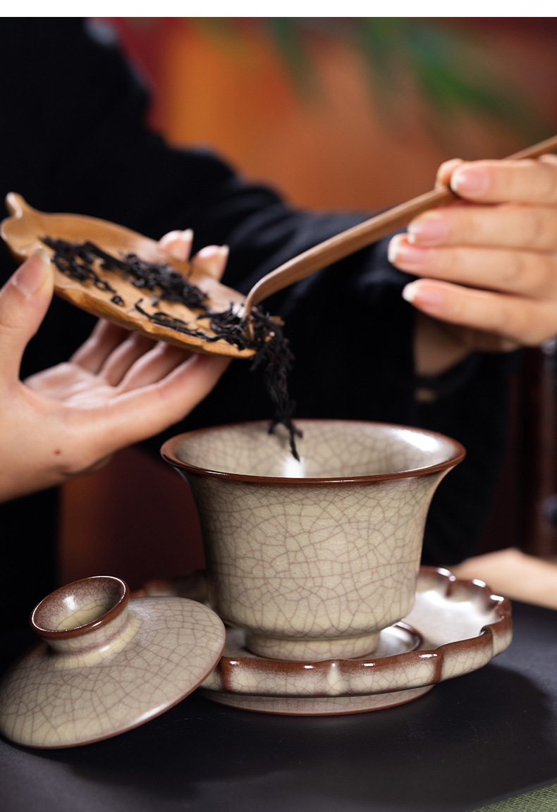 龙泉青瓷 复古传世哥窑手工三才盖碗 陶瓷家用高档手抓敬茶泡茶碗