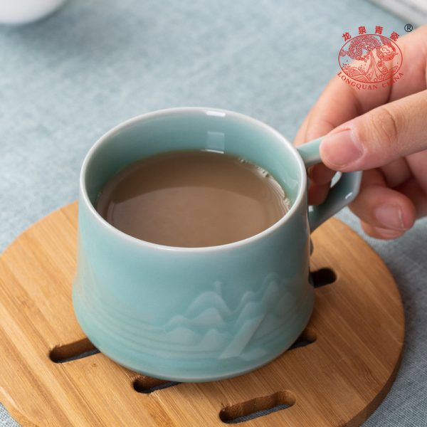 龙泉青瓷咖啡杯子高档精致中式复古手柄陶瓷杯大容量拿铁马克杯