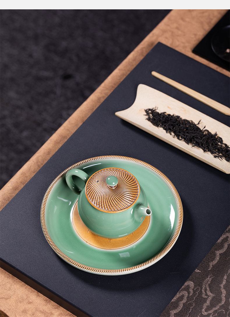 龙泉青瓷 复古纯手工跳刀功夫茶具 陶瓷轻奢泡茶壶杯壶承礼盒整套