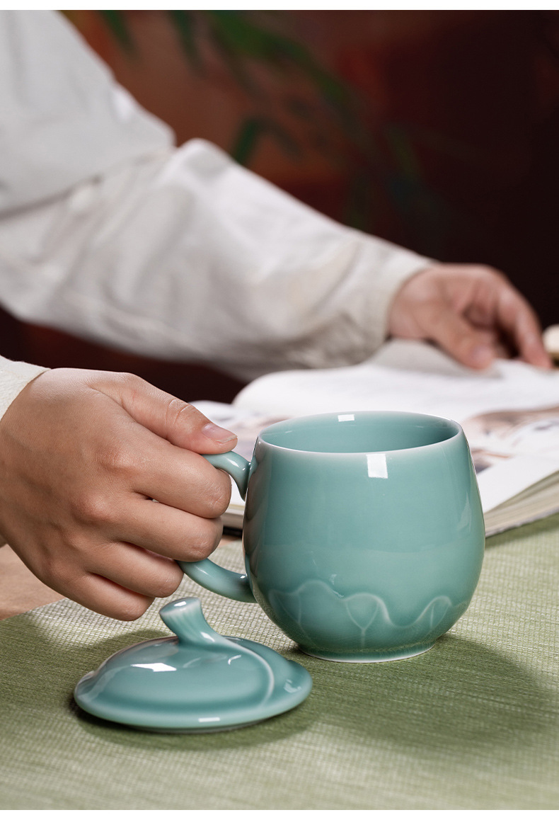 龙泉青瓷办公室带盖茶杯中式泡茶陶瓷家用马克杯水杯个人喝水杯子