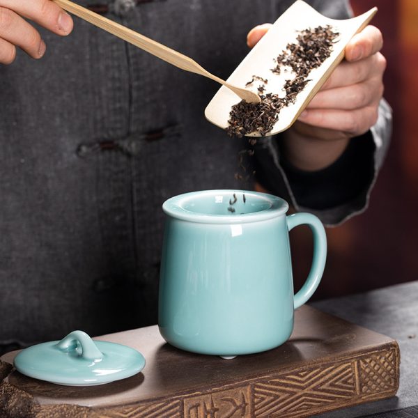 龙泉青瓷 创意同心杯带盖过滤茶杯单杯 大号家用会客茶水杯办公杯