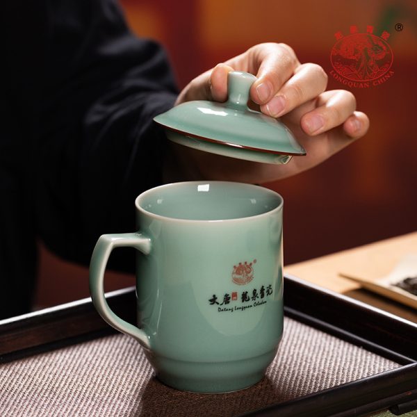 龙泉青瓷办公杯大容量礼盒装刻字商务喝茶陶瓷带盖子马克水杯批发