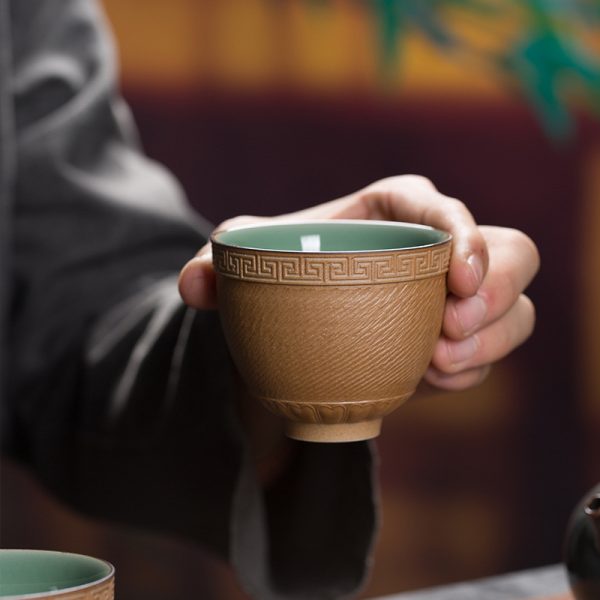 龙泉青瓷 创意纯手工跳刀回纹主人杯 陶瓷大号功夫茶杯茶碗品茗杯