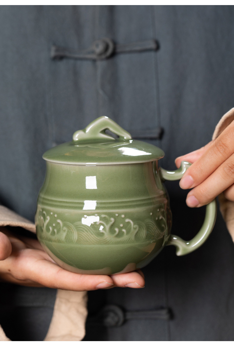 龙泉青瓷 茶杯家用马克杯喝水杯 陶瓷茶叶罐套装办公室过年礼盒装