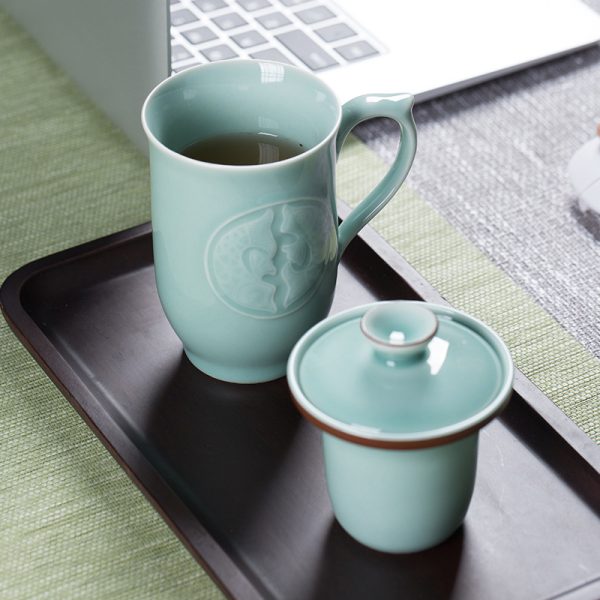 龙泉青瓷 办公杯茶杯过滤带盖带柄泡茶水杯 商务会议马克杯礼盒装
