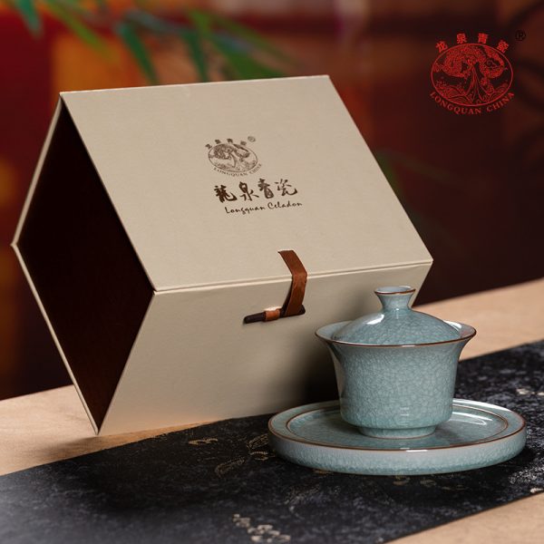 龙泉青瓷 三才盖碗大号冰裂手抓茶碗 陶瓷功夫茶具手工高档敬茶碗