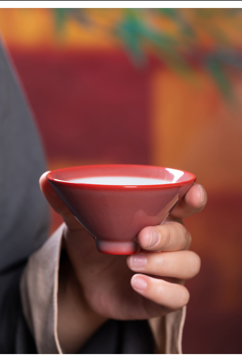 龙泉青瓷 主人杯高颜值女士手工斗笠杯 陶瓷胭脂红品茗杯单杯茶碗