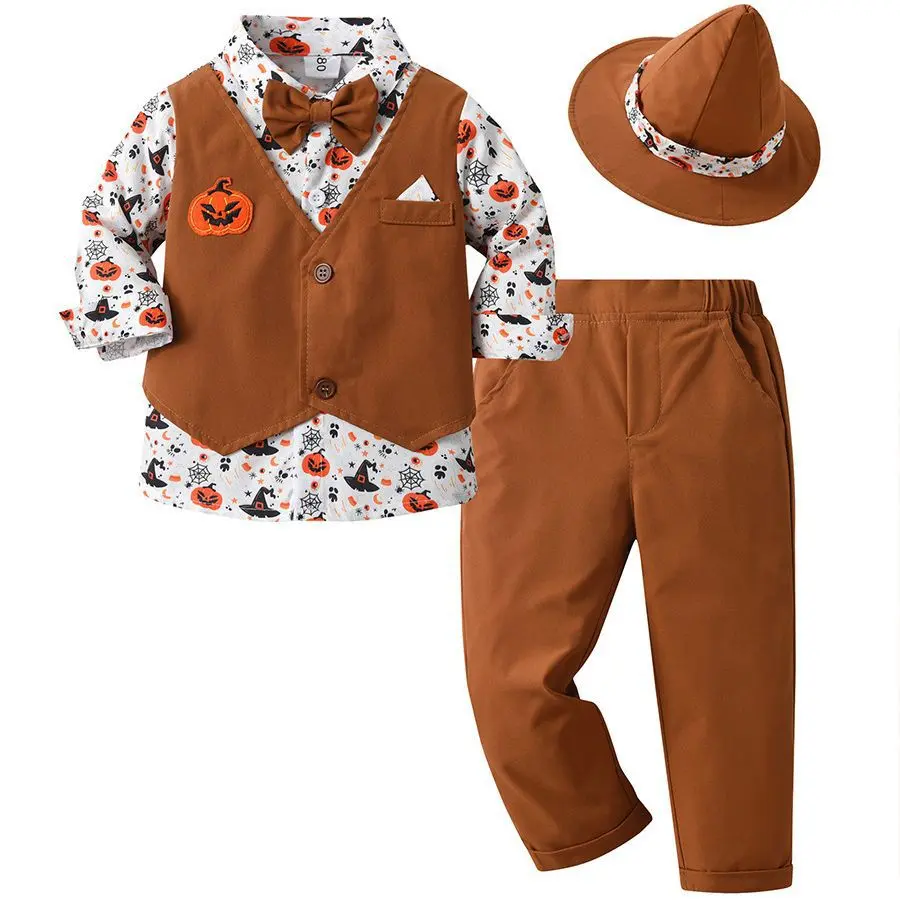 外贸童装批发万圣节南瓜表演服儿童衣服宝宝巫师帽三件套男童套装