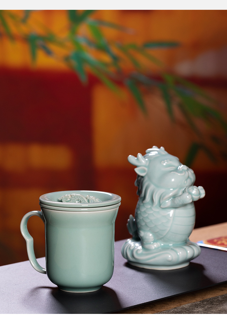 龙泉青瓷办公喝水茶杯套装家用带盖过滤马克杯陶瓷会议新年礼品杯