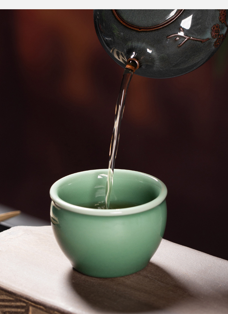 龙泉青瓷 创意纯手工主人杯单个 陶瓷如意风水缸品茗杯个人杯茶碗