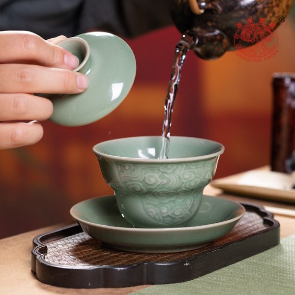 龙泉青瓷 三才盖碗茶杯手工大容量泡茶碗 陶瓷高档带盖手抓敬茶杯