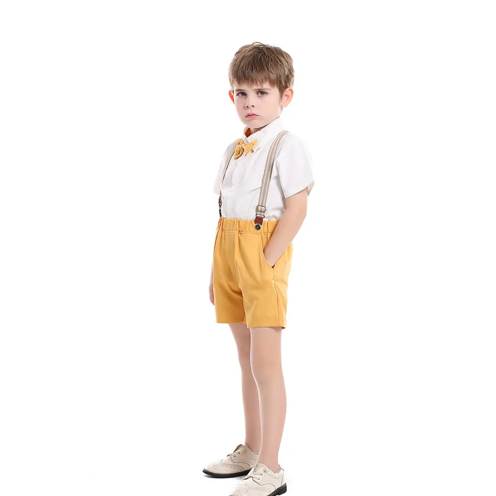 新品夏季韩版童装礼服棉质短袖衬衫背带裤宝宝衣服外贸男童套装