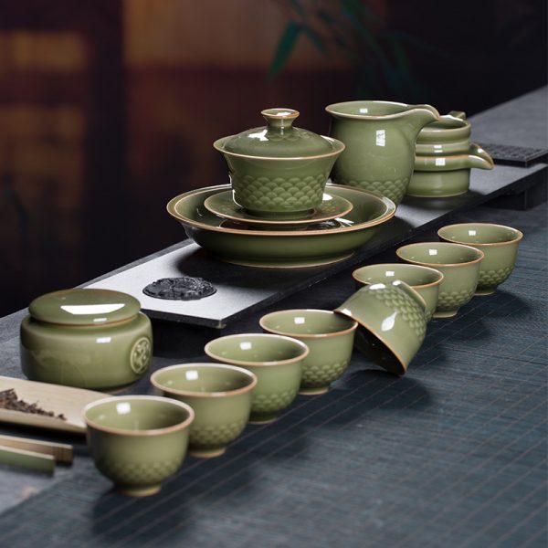龙泉青瓷 创意复古家用功夫茶具套装 陶瓷盖碗品茗杯茶杯礼品盒装