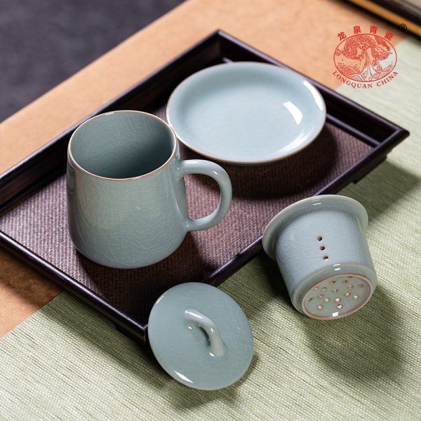 龙泉青瓷茶杯带过滤内胆办公杯家用杯碟组合大容量喝茶杯子泡茶杯