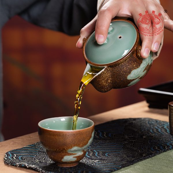 龙泉青瓷 功夫茶具家用高档茶壶茶杯整套 陶瓷柴烧窑变商务礼盒装
