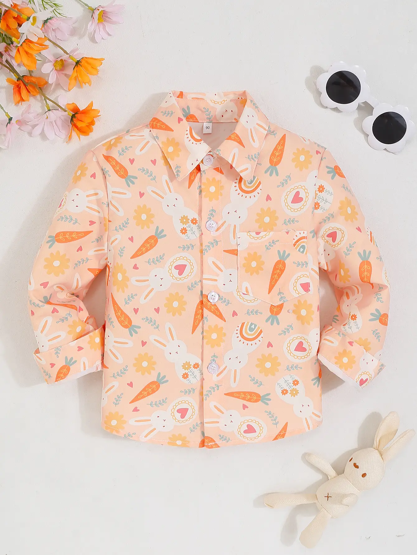 新款跨境春夏款款男童复活节红萝卜兔子印花翻领长袖衬衫厂家批发