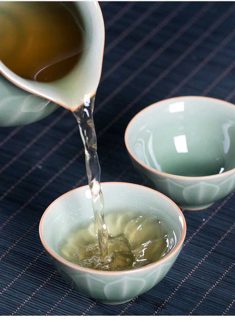 龙泉青瓷 创意仿古莲瓣盖碗套装 家用中式陶瓷功夫茶具泡茶碗茶杯