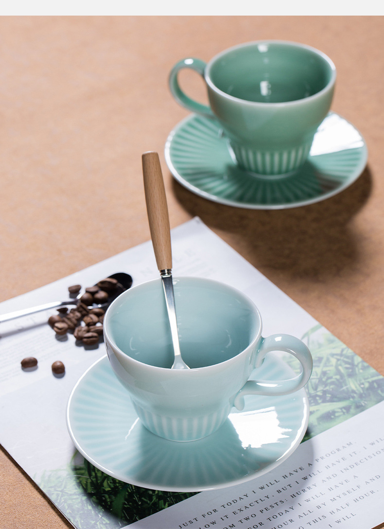 龙泉青瓷 拿铁咖啡杯碟套装高档精致水杯 陶瓷家用高颜值马克杯子