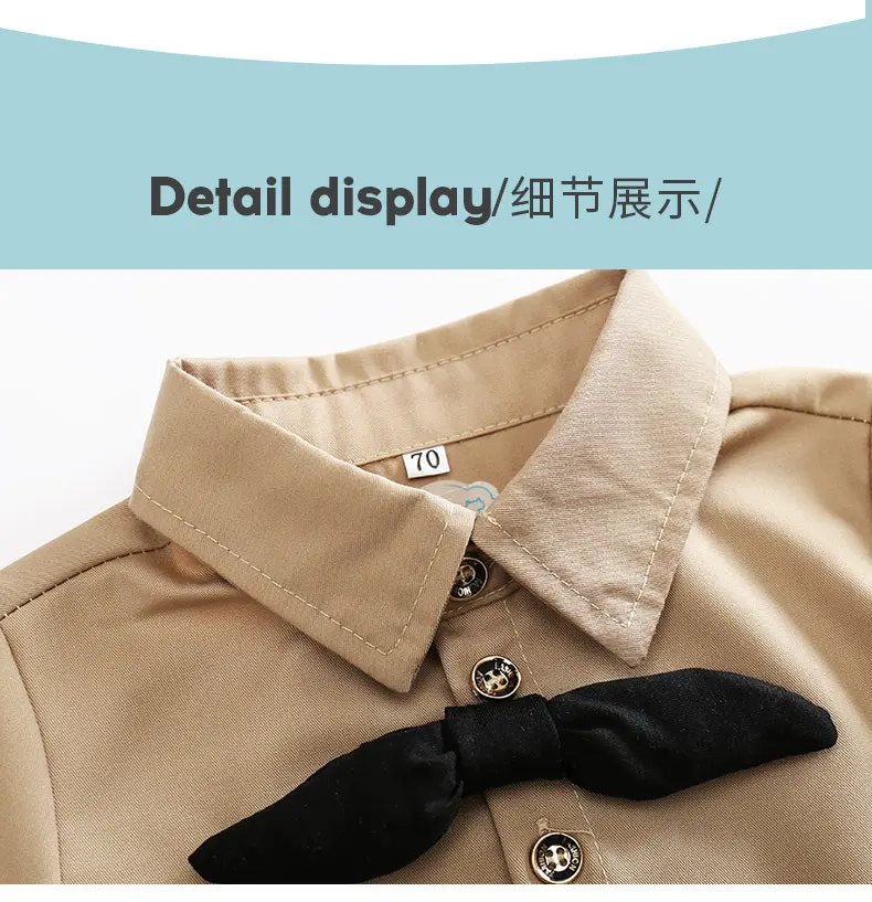 跨境婴幼儿童装春秋新款韩版男童领结长袖纯色衬衫休闲条纹裤套装