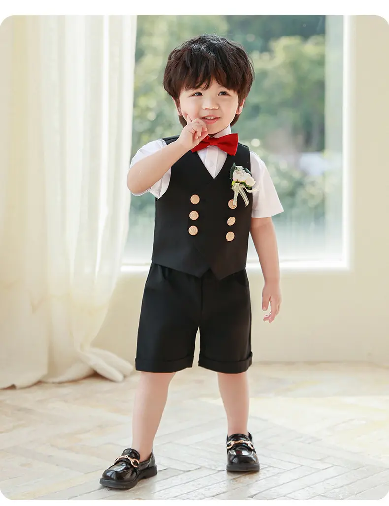 男童西装马甲短袖套装夏季英伦风表演演出服宝宝生日周岁礼服花童