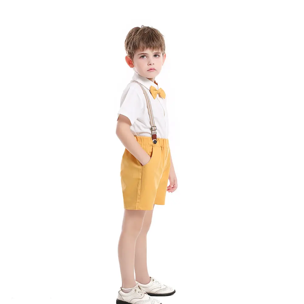 新品夏季韩版童装礼服棉质短袖衬衫背带裤宝宝衣服外贸男童套装