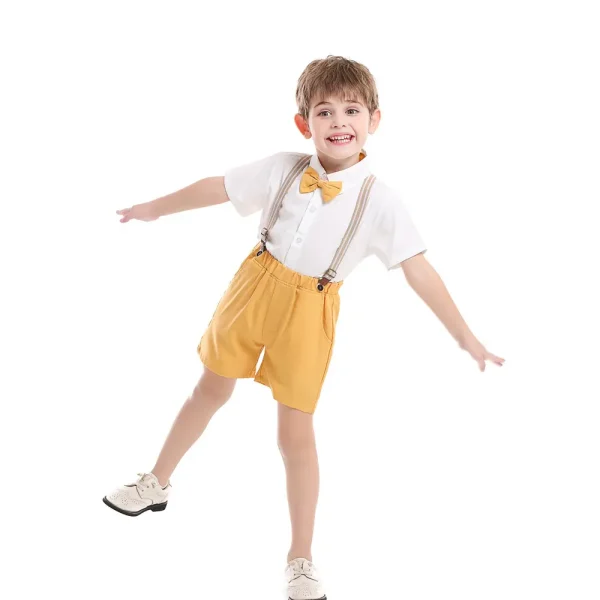 新品夏季韩版童装礼服棉质短袖衬衫背带裤宝宝衣服外贸男童套装