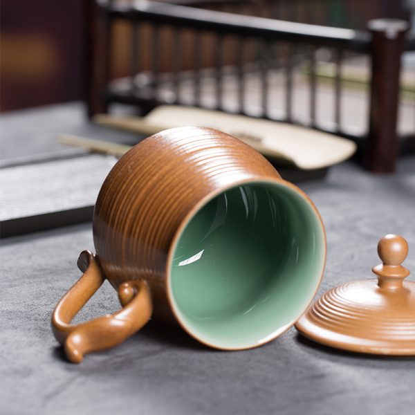 龙泉青瓷 青灰釉办公杯茶杯陶瓷手工杯子 带盖龙柄杯高档会议水杯