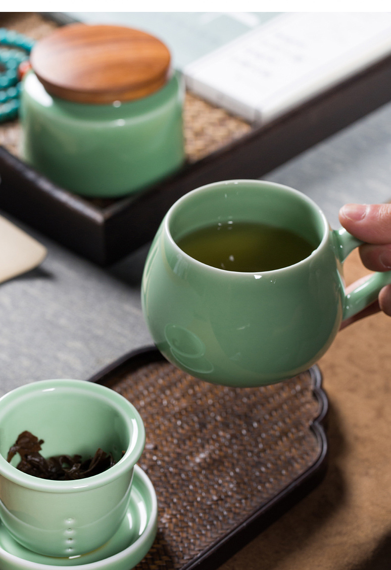 龙泉青瓷 带盖过滤茶水分离泡茶杯嘟嘟杯 陶瓷办公室马克杯茶叶罐