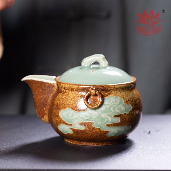 龙泉青瓷 功夫茶具泡茶壶复古柴烧填釉手抓壶 陶瓷家用过滤盖碗