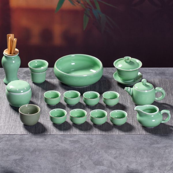 龙泉青瓷 创意中式功夫茶具套装 陶瓷盖碗茶壶茶杯家用商务礼品盒