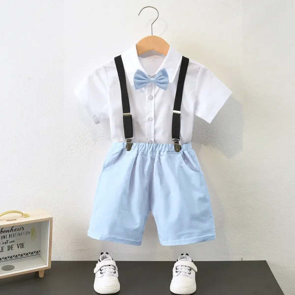 跨境男童夏季白色衬衣黑色背带裤小主持人中小儿童宝宝六一表演服