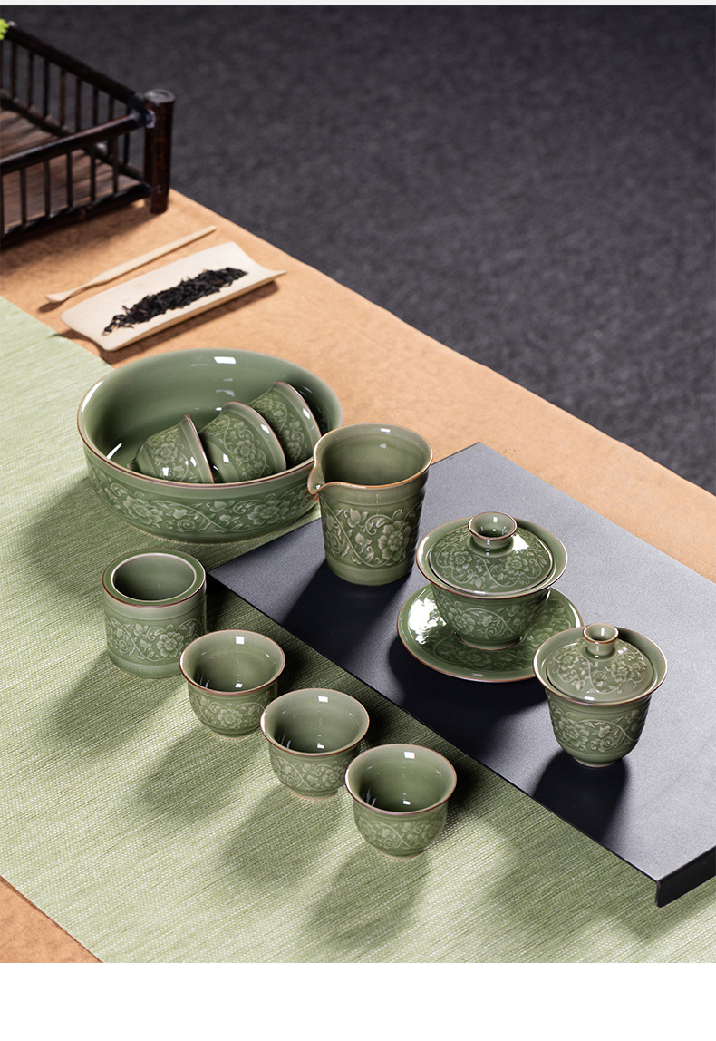 龙泉青瓷 越窑仿古高档功夫茶具套装 陶瓷盖碗泡茶壶品茗杯礼盒装