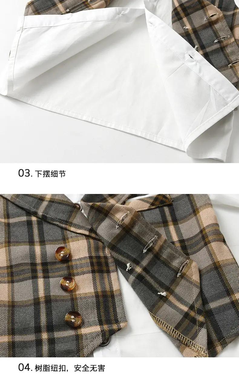 跨境英伦男童西装套装儿童秋季款假马甲格子长袖宝宝绅士礼服批发