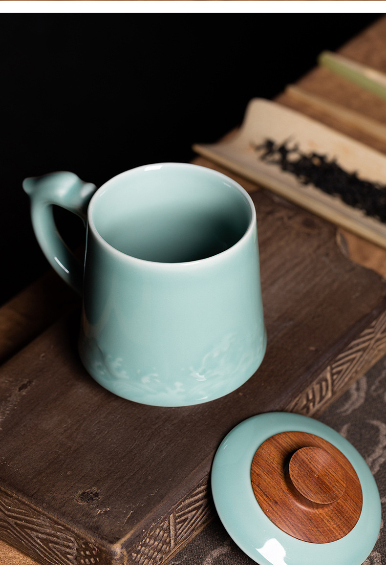 龙泉青瓷 家用大容量带盖马克杯 陶瓷杯喝水杯女男士办公室泡茶杯