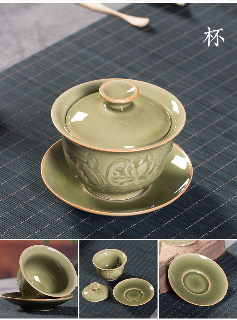 龙泉青瓷 中式越窑仿古功夫茶具套装 陶瓷手工家用泡茶壶盖碗茶杯
