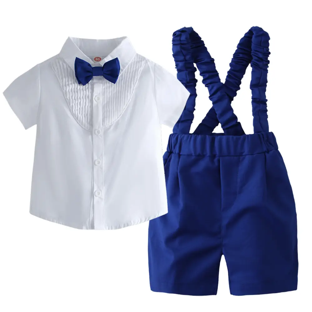 加工定制跨境欧美夏季新款纯色短袖短裤童装宝宝背带裤蝴蝶结套装