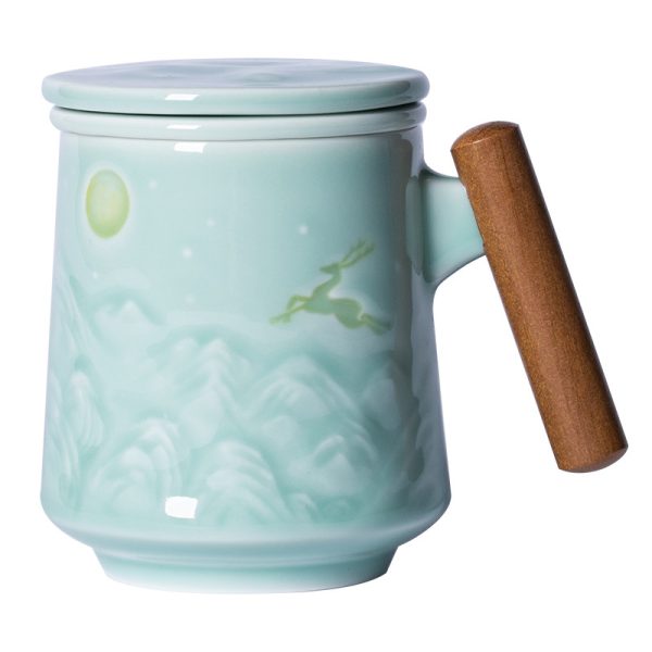 龙泉青瓷 带盖过滤茶水分离马克杯 陶瓷大容量高档办公杯泡茶杯子