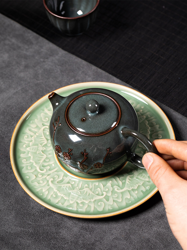 龙泉青瓷 创意中式干泡台茶托茶碟承 五福寿喜养壶垫壶承茶具配件
