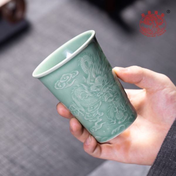 龙泉青瓷 创意大容量无柄单杯功夫茶杯 陶瓷家用龙凤情侣杯可乐杯