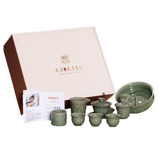 龙泉青瓷 越窑仿古高档功夫茶具套装 陶瓷盖碗泡茶壶品茗杯礼盒装