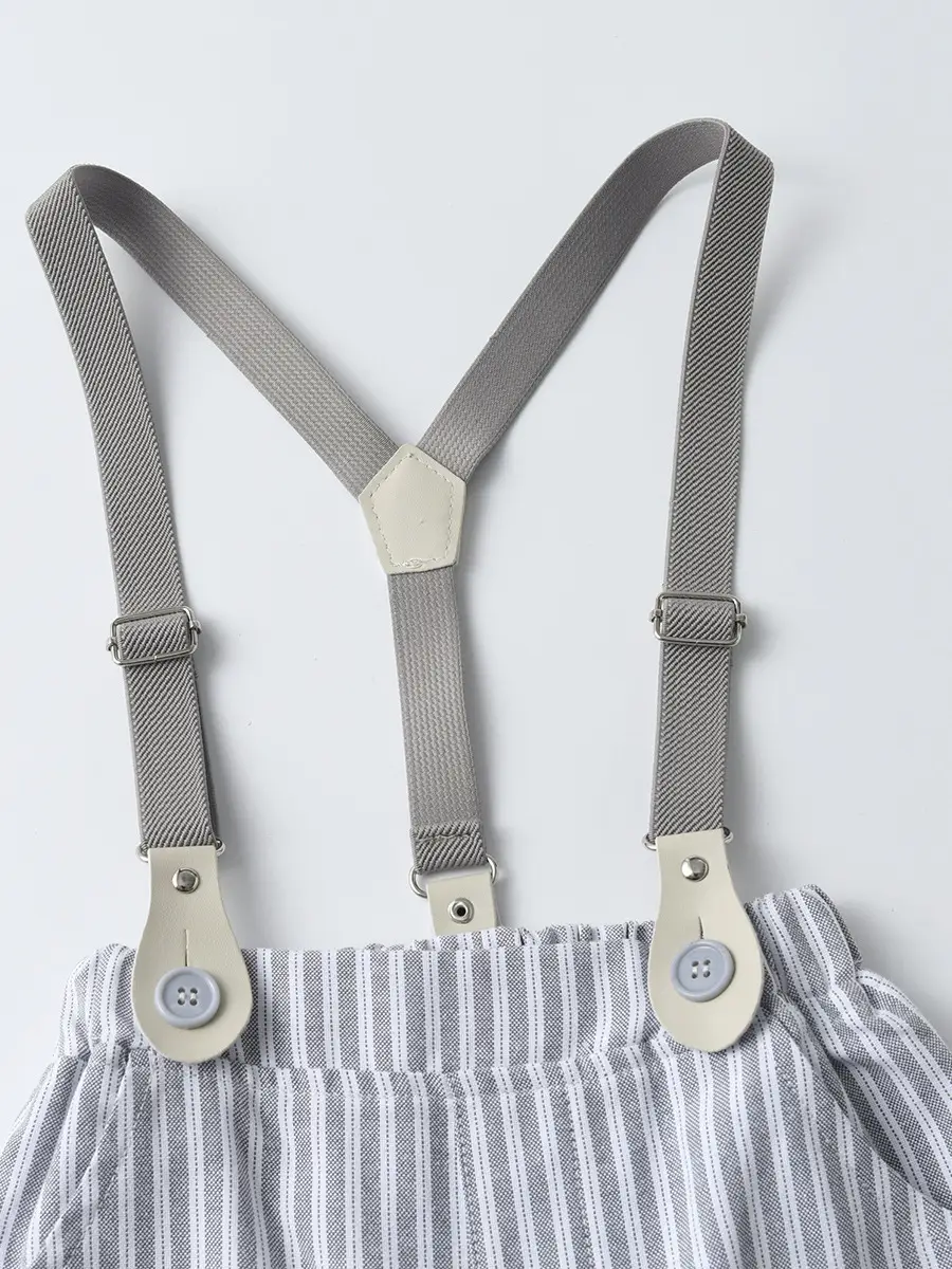 2025欧美童装夏季短袖西装两件套儿童衣服宝宝条纹背带裤男童套装