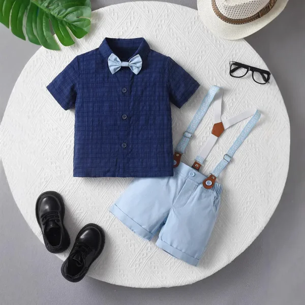 欧美绅士夏款儿童套装宝宝正装polo衬衫背带短裤宴会礼服男童夏装