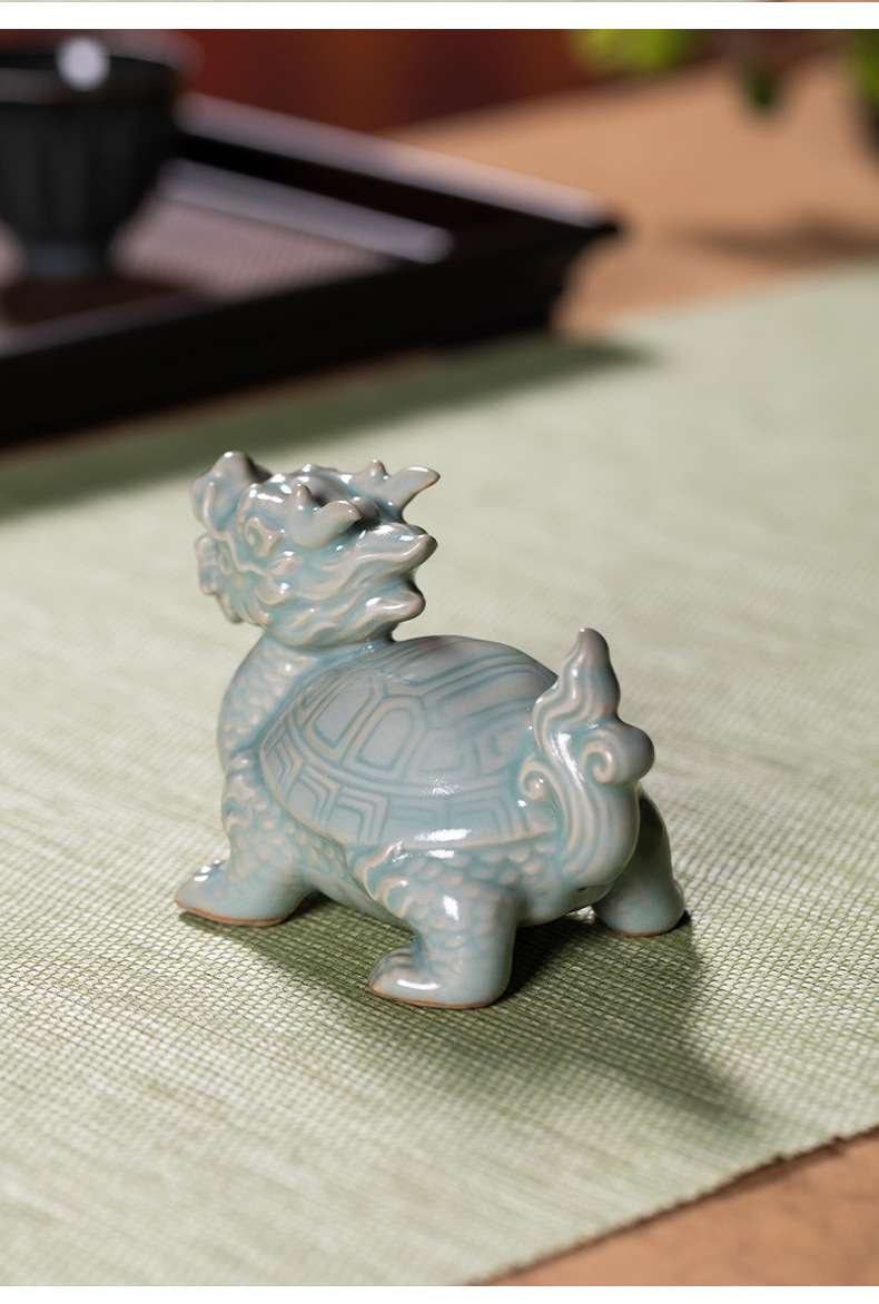 龙泉青瓷 招财龙龟摆件精品茶宠 陶瓷茶玩茶桌装饰功夫茶具配件