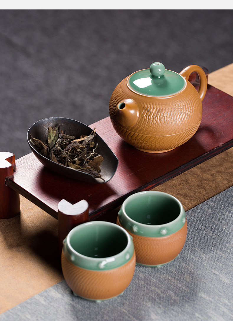 龙泉青瓷 创意跳刀茶具套装便捷家用一壶两杯 陶瓷功夫泡茶西施壶