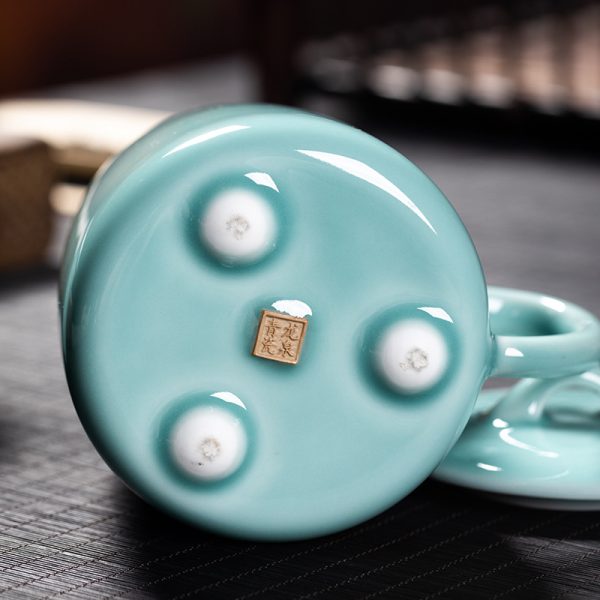 龙泉青瓷 创意同心杯带盖过滤茶杯单杯 大号家用会客茶水杯办公杯