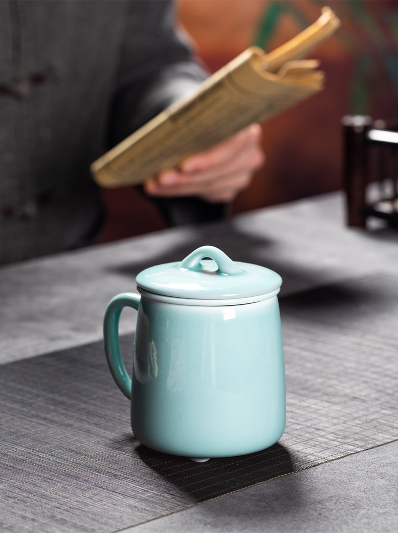 龙泉青瓷 创意同心杯带盖过滤茶杯单杯 大号家用会客茶水杯办公杯