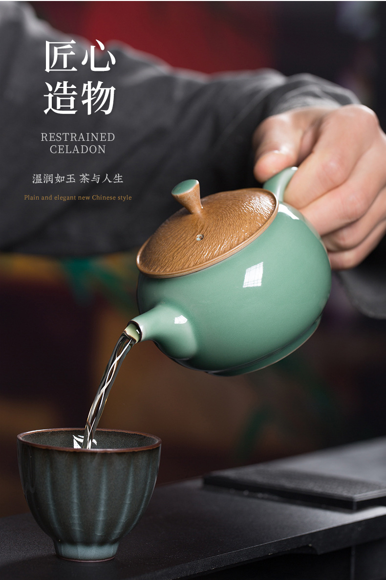 龙泉青瓷 跳刀手工茶壶功夫茶具陶瓷泡茶壶 青年工艺美术师傅茶壶