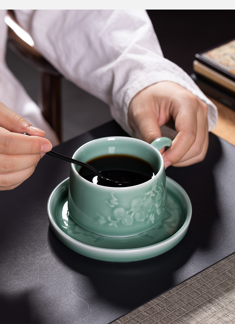龙泉青瓷高级感咖啡杯陶瓷杯碟套装下午茶马克杯泡茶水杯子办公室